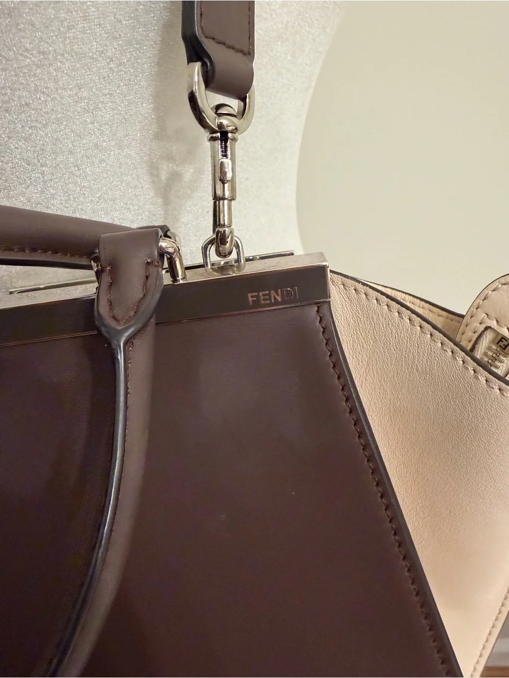 **FENDI** 3Jours LARGE Brown Colorblock Leather Top-Handle Bag with Red Accent